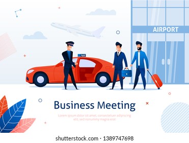 Two Businessmen with Luggage Taking Taxi near Airport. Cartoon Partners Going out from Building with Flying Plane on Background. Driver Opening Door for Male Characters. Business Meeting.