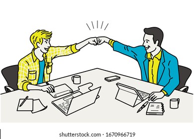 Two businessmen make a fist bump at working table, in concept of celebrating, winning, or excited. Outline, linear, thin line art, hand drawn sketch design, simple style.