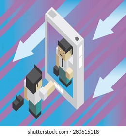 Two businessmen making a big deal via mobile phone, in isometric old video game style. The grunge texture is removable from the background.