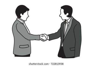 Two businessmen making handshake, shaking hands, in concept of agreement, corporation, or partnership. Outline, linear, thin line art, doodle, hand drawn sketch design. Monotone.