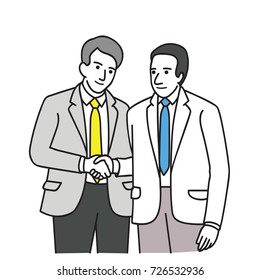 Two businessmen making handshake, shaking hands, in concept of agreement, corporation, or partnership. Outline, linear, thin line art, doodle, hand drawn sketch design. 