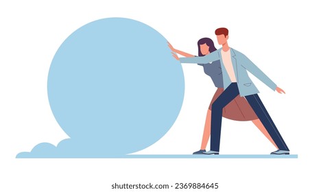 Two businessmen man and woman roll big snowball. Potential risk, snow effect. Financial growth or mistake. Company teamwork. Career obstacle. Cartoon flat style isolated vector concept