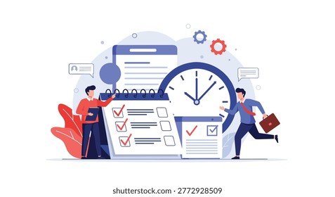 Two businessmen managing tasks around a giant calendar and clock with checklists for project planning and effective time management.