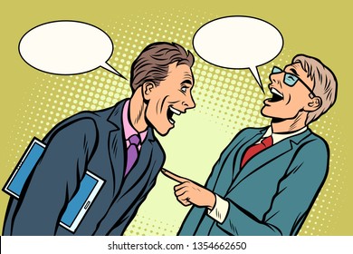 two businessmen meeting laughing. Comic cartoon pop art vector retro vintage drawing