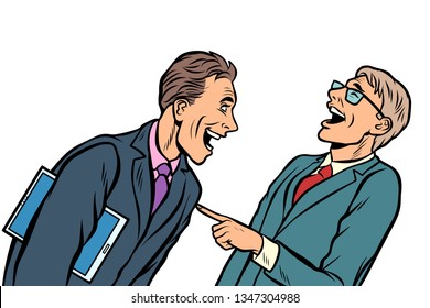 two businessmen meeting laughing. isolate on white background Comic cartoon pop art vector retro vintage drawing