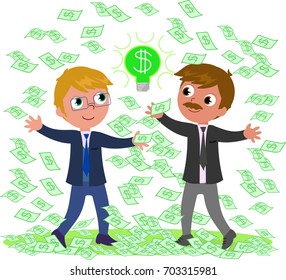 Two businessmen with a lot of money and a good idea, vector illustration