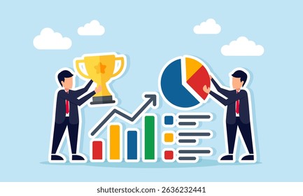 Two businessmen near graph one holding trophy the other holding pie chart illustration of collaboration or joint venture to become leading company in business sector