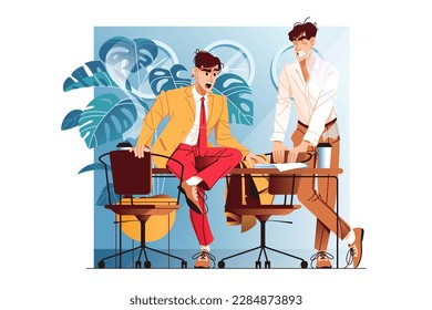 Two businessmen negotiate and discuss deal in office, vector illustration. Intense process of project discussion.