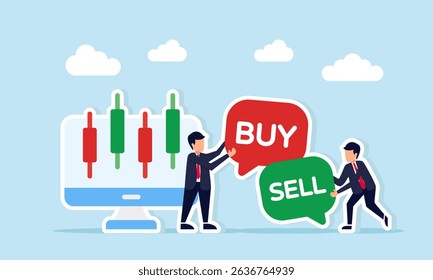 Two businessmen next to a monitor showing candlestick stock chart each holding chat bubbles with buy and sell text illustration of business stock trading