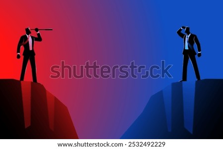 Two businessmen observes each other from opposite cliffs, one using a telescope and the other shielding his eyes, concepts of competition, strategy, market competition, or rivalry in business 