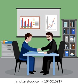 Two businessmen in office shaking hands human resources flat background vector illustration