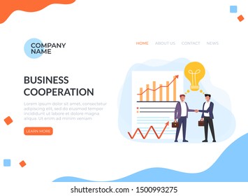 Two businessmen office workers characters shaking hands. Business cooperation deal concept. Vector flat cartoon graphic design illustration