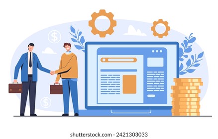 Dos hombres de negocios trabajan en la oficina trabajando juntos. Concepto de acuerdo comercial en línea. Ilustración de dibujos animados de diseño gráfico plano vectorial	
