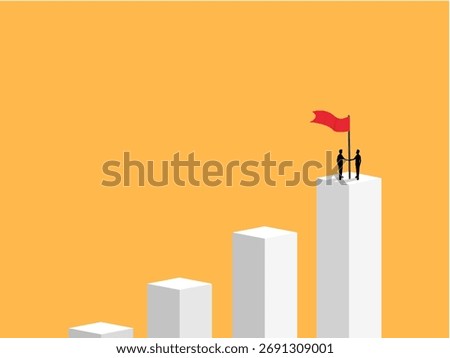 Two businessmen on a bar graph holding a flag of success together