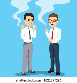 Two businessmen on coffee break time smoking cigarette