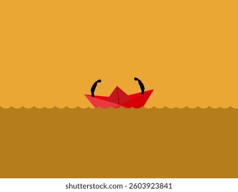 Two businessmen on a paper boat have a fight