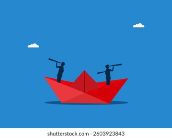 Two businessmen on the paper boat have different attitudes
