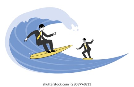 Two businessmen on a surfboard with a big wave, image illustration of riding a wave, vector