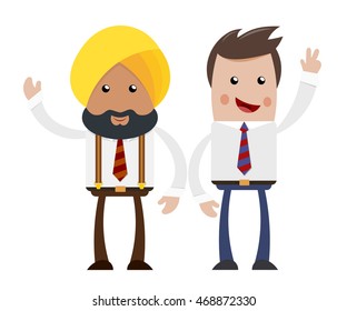 Two businessmen on a white background. Cartoon cheerful businessman. Flat style. The concept of friendship and cooperation of Indian and American businessman. Stock vector illustration