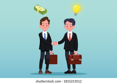 Two businessmen, one asian and one caucasian, shaking hands. 
isolated on Bluish green background.