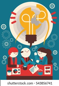 Two businessmen and one businesswoman have a discussion represented by a lightbulb