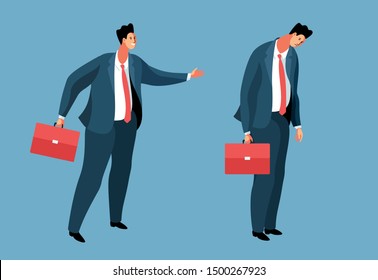 Two businessmen, one a cheerful and active winner, the other a sad and depressed loser. Cartoon male characters with briefcases, wearing business clothes. Vector illustration