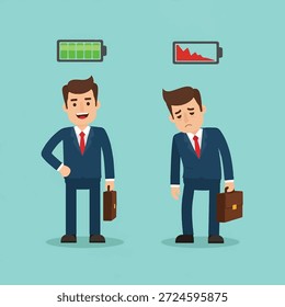 Dos hombres de negocios, uno enérgico con una batería completa y otro cansado con una batería baja, ilustrando diferentes niveles de energía.
