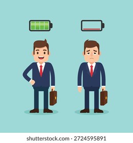 Dois empresários, um energético com uma bateria completa e um cansado com uma bateria fraca, ilustrando diferentes níveis de energia em um ambiente profissional.
