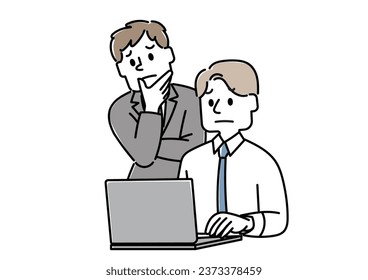 Two businessmen (one man and one man) talking while looking at a computer screen (problem occurred)