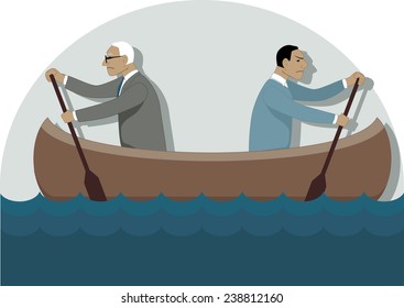 Two businessmen, one young and one older, rowing in the different directions in a canoe, vector illustration