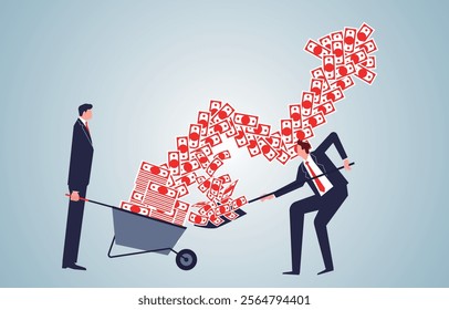 two businessmen organizing banknotes inside a cart to make it grow upwards