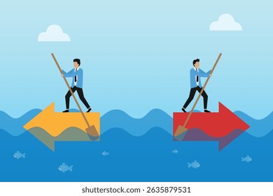 Two businessmen paddle giant arrow-shaped boats in opposite directions, symbolizing diverging strategies, competition, or different paths in business