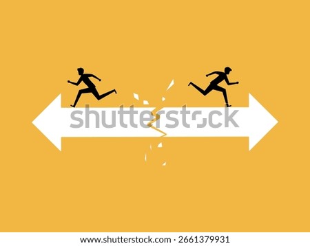 Two businessmen part ways as arrows point in opposite directions.