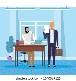 Two businessmen partners working and drinking coffee in the office, colorful design. vector illustration
