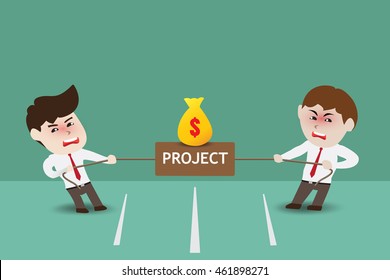 Two businessmen poach pulling a rope project and money bag