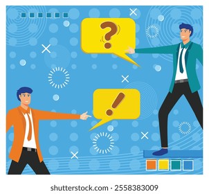 Two businessmen pointing at each other with question and exclamation speech bubbles on a patterned abstract blue background, conveying communication, teamwork, ideas and problem solving concepts. 