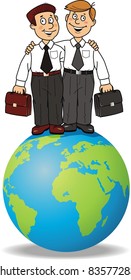 Two businessmen with portfolios stand on globe