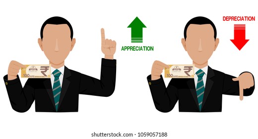 Two businessmen are presenting Rupee appreciation and depreciation
