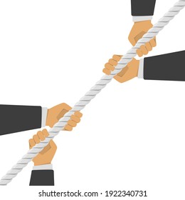 Two Businessmen Pull The Rope As A Symbol Of Rivalry, Competition, Conflict. Tug War, Two Mans Pulling A Rope In Opposite Directions. Vector Illustration In Flat Style. EPS10.  