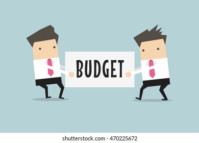 Two businessmen are pulling the budget to each other. vector