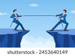 Two Businessmen Pulling Opposite Ends of Rope of cliff, Business Competition concept, symbol of rivalry, conflict. Tug of war. Vector illustration in flat style.