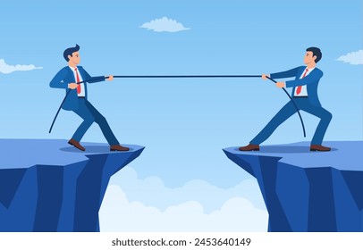 Two Businessmen Pulling Opposite Ends of Rope of cliff, Business Competition concept, symbol of rivalry, conflict. Tug of war. Vector illustration in flat style.