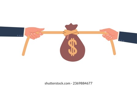 Two businessmen pulling rope with money on them, concept of rivalry, employee competition, conflict on workplace. Colleagues battle. Company fight. Cartoon flat isolated vector illustration