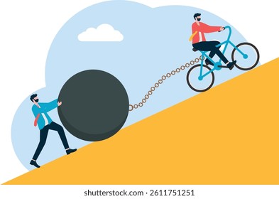 Two businessmen pushed the huge rock to the top of the mountain together

