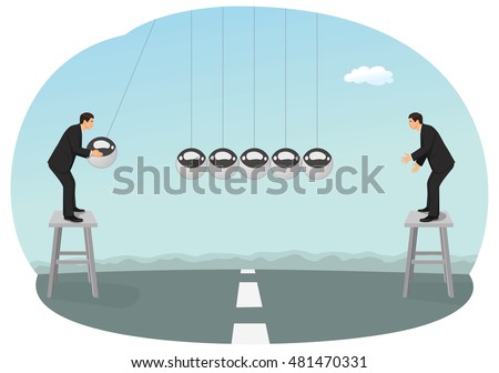 Two businessmen are pushing big balls of the newton's cradle. Team work concept.