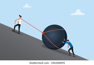 Two businessmen pushing a big stone uphill vector illustration. Teamwork business concept to achieve goal and success.