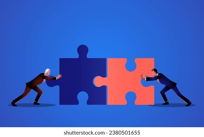 Two businessmen are pushing to match two jigsaw pieces. representation of collaboration, teamwork, synergy, working together towards success, and the pursuit of common goals