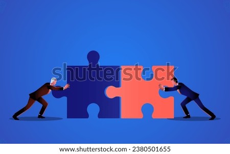Two businessmen are pushing to match two jigsaw pieces. representation of collaboration, teamwork, synergy, working together towards success, and the pursuit of common goals