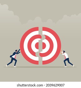 Two businessmen pushing a pieces of big target together, Business teamwork concept