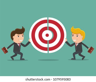 Two businessmen  pushing a pieces of target. Team works to reach goal. Vector illustration flat style design.Business concept. 
